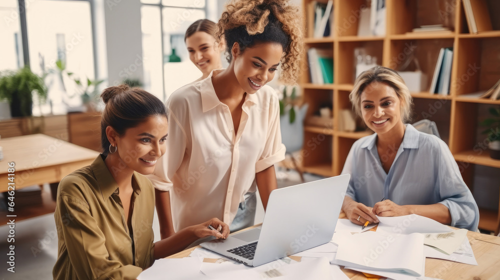 Group of women with laptop for fashion design, Planning or draft online for clothing line.