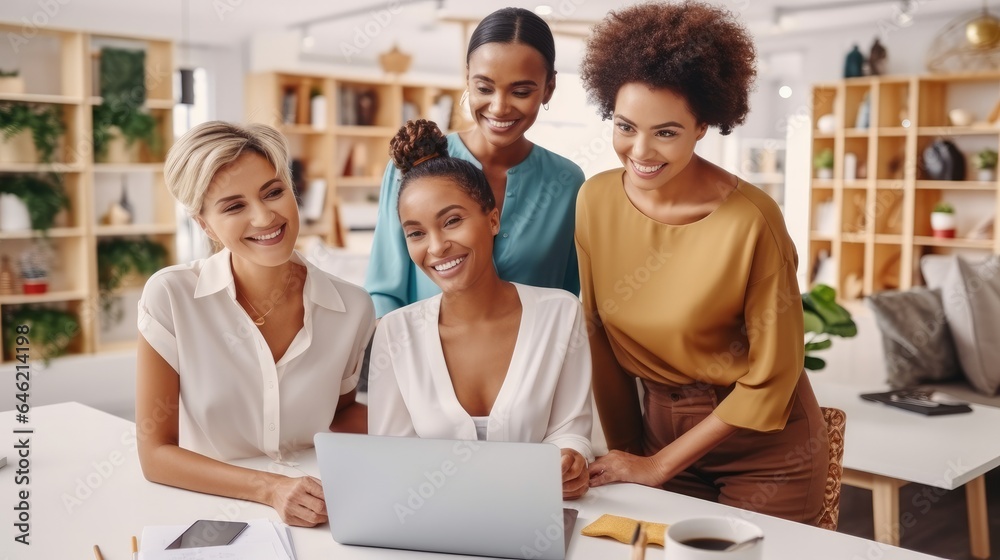 Group of women with laptop for fashion design, Planning or draft online for clothing line.