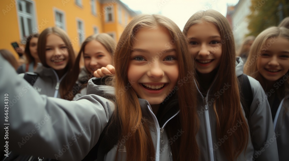 Teenage girls rejoice at the beginning of school classes and take pictures near the school.