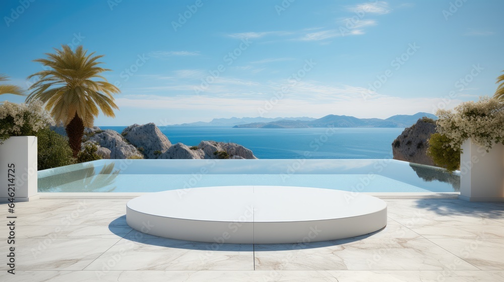 White marble podium near pool with sea view on background.