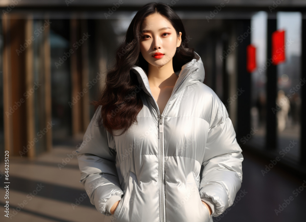 Young Asian beauty dressed in an elegant silver standing nearby building.