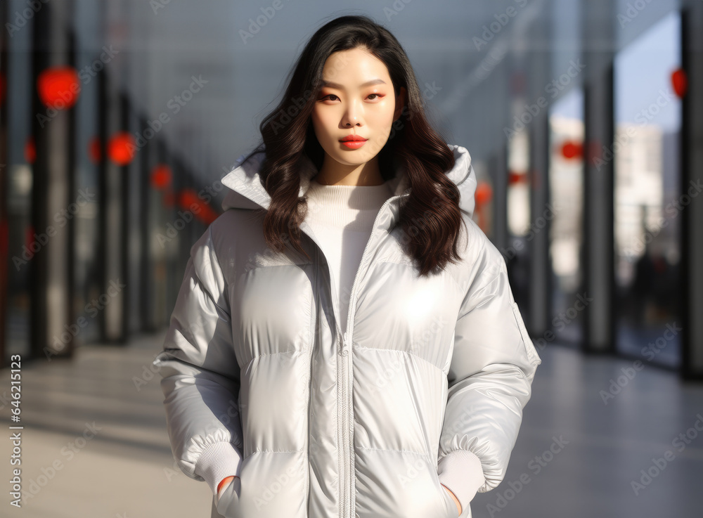 Young Asian beauty dressed in an elegant silver standing nearby building.