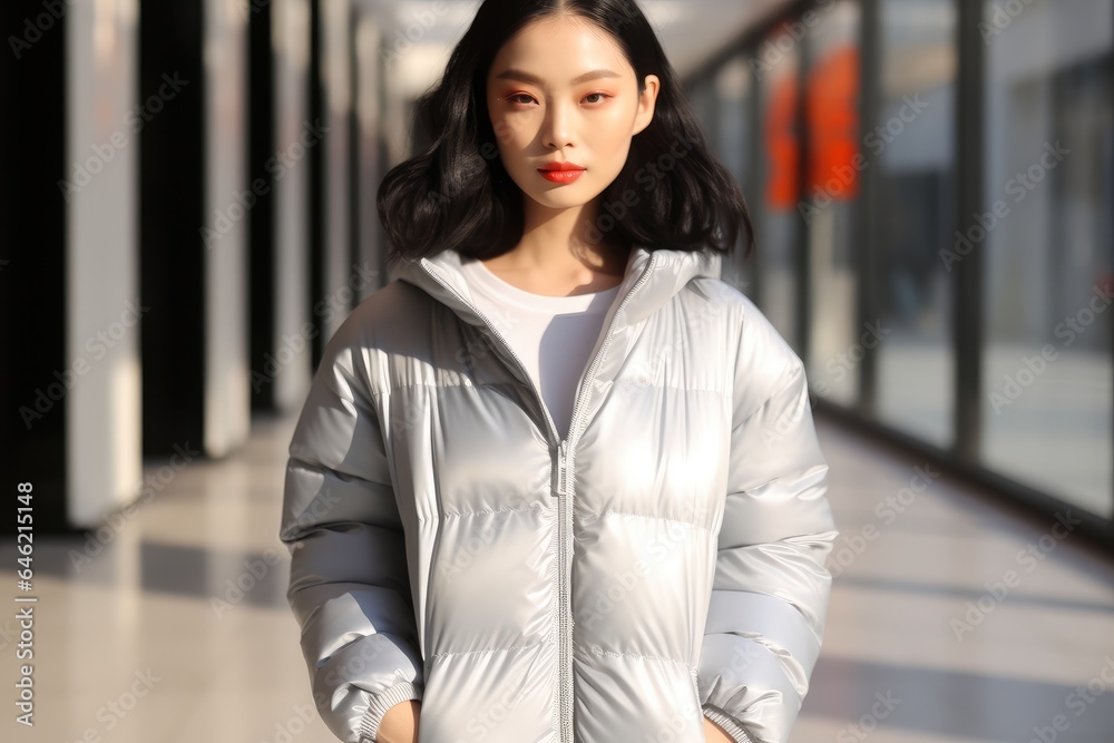 Young Asian beauty dressed in an elegant silver standing nearby building.