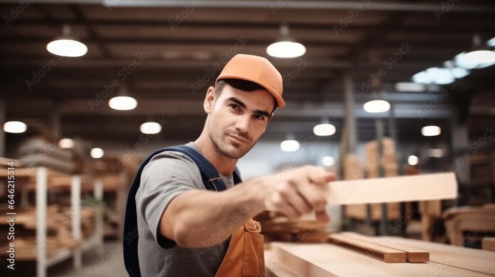 Carpenter man looking and choosing wood plank at wood factory.