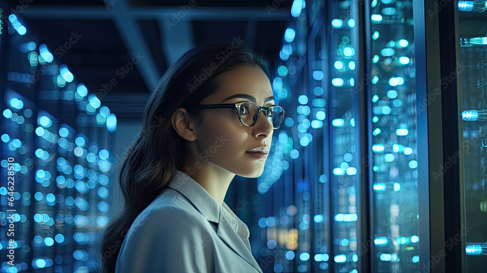 Big Data Center Female Chief Technology Officer Using Laptop Standing In Warehouse, Activates Server