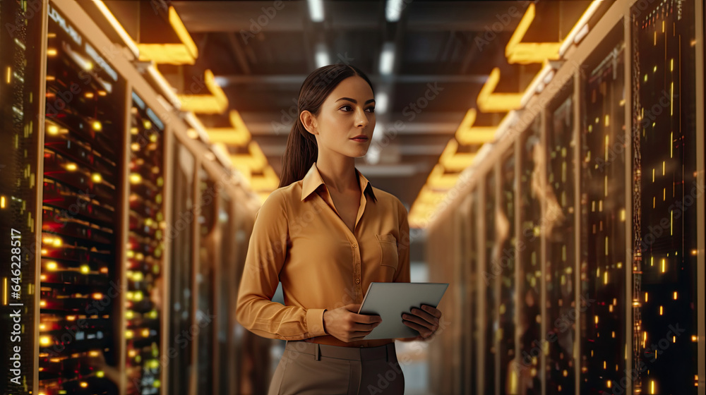 Big Data Center Female Chief Technology Officer Using Laptop Standing In Warehouse, Activates Server