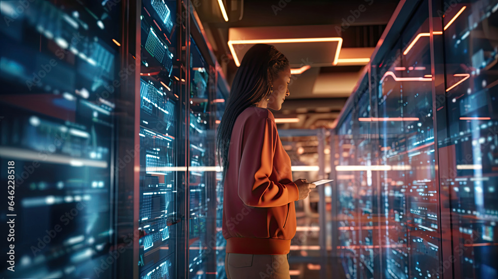 Big Data Center Female Chief Technology Officer Using Laptop Standing In Warehouse, Activates Server