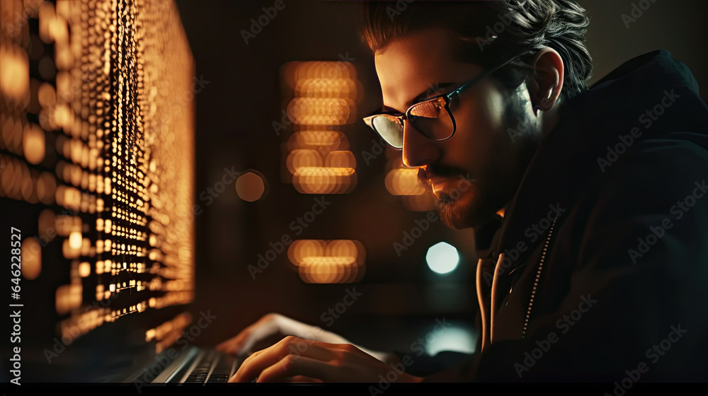 Close-up of Software Engineer Working on Computer, Line of Code Reflecting in Glasses. Generative Ai