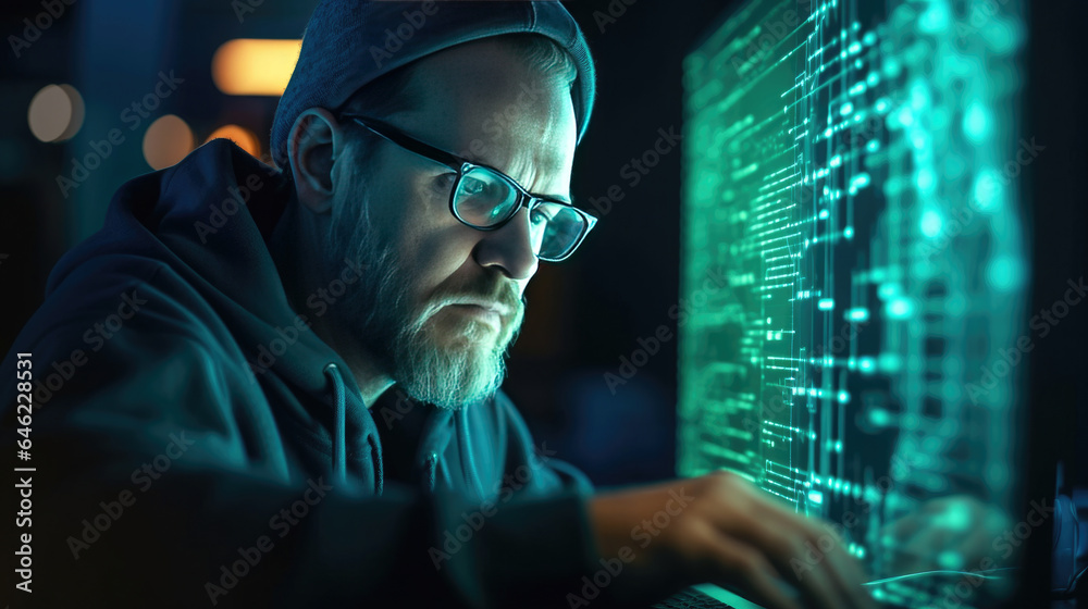 Close-up of Software Engineer Working on Computer, Line of Code Reflecting in Glasses. Generative Ai