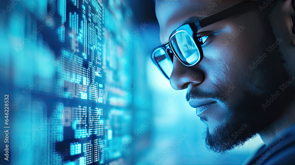 Close-up of Software Engineer Working on Computer, Line of Code Reflecting in Glasses. Generative Ai