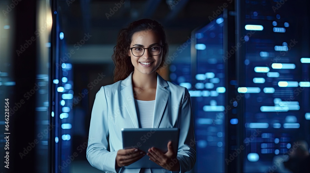 Data Center Female e-Business Entrepreneur Use Tablet Computer with Pleasure Smile in Big Cloud Comp