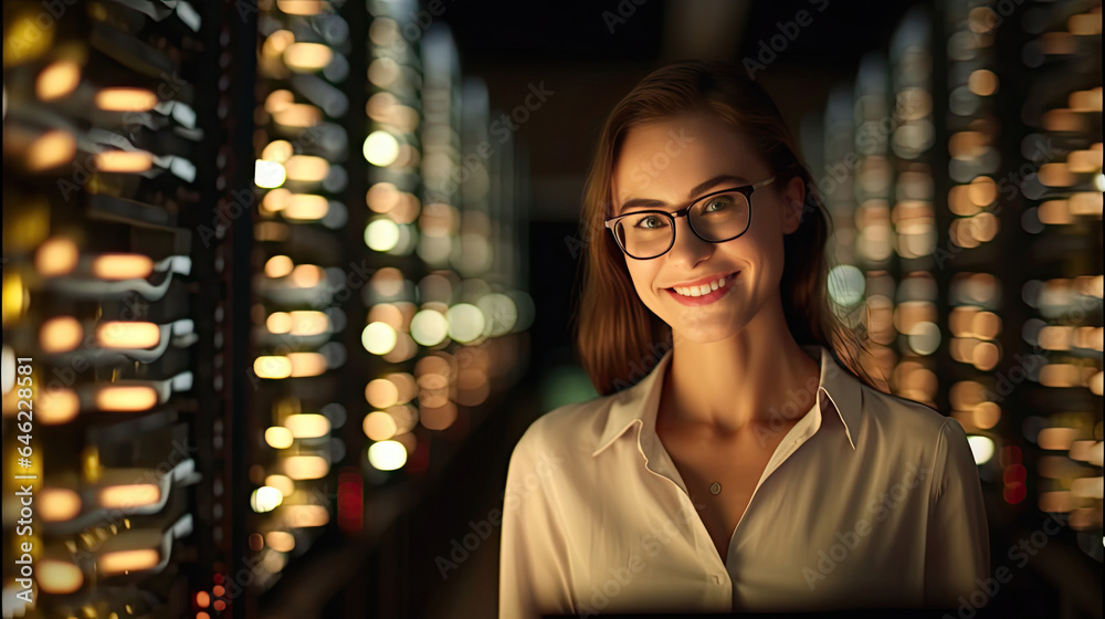 Data Center Female e-Business Entrepreneur Use Tablet Computer with Pleasure Smile in Big Cloud Comp