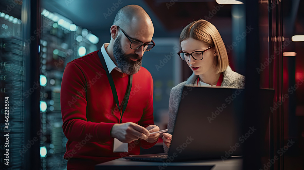 Data Center Female System Administrator and Male IT Specialist talk, Use Laptop in Cloud Computing S