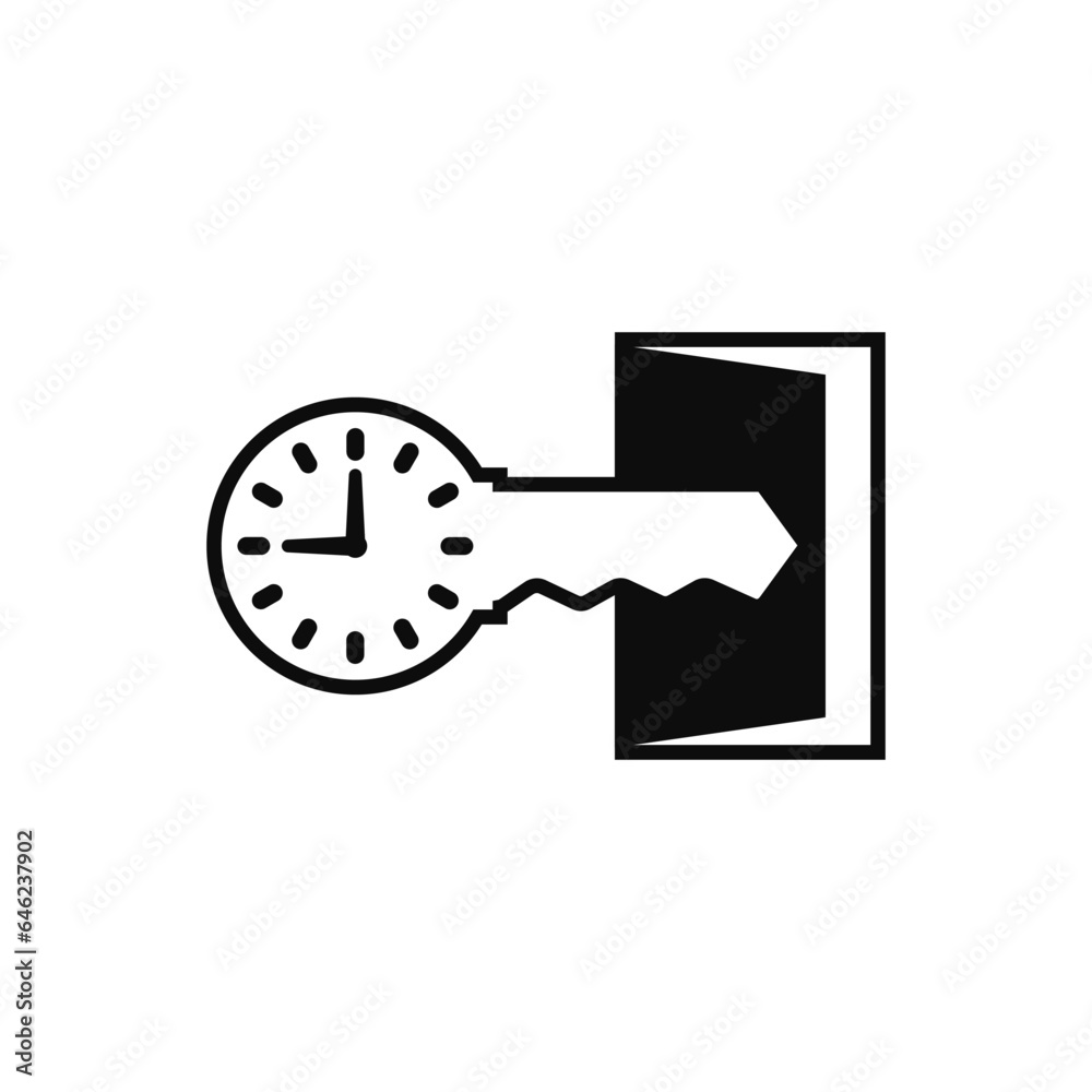 Door key with clock, dial with arrows and open door.