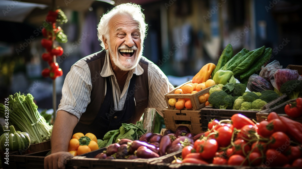 Happy elderly man working at the farmers market