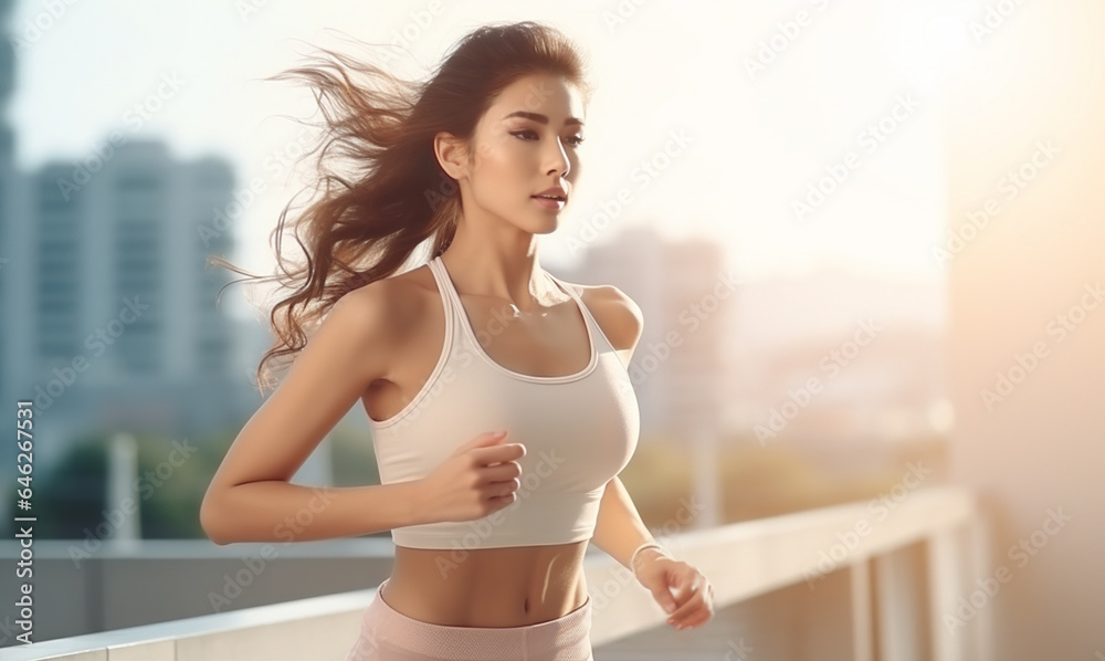 Beautiful asian woman running outdoor, workout on city street in the moring. living healthy lifestyl