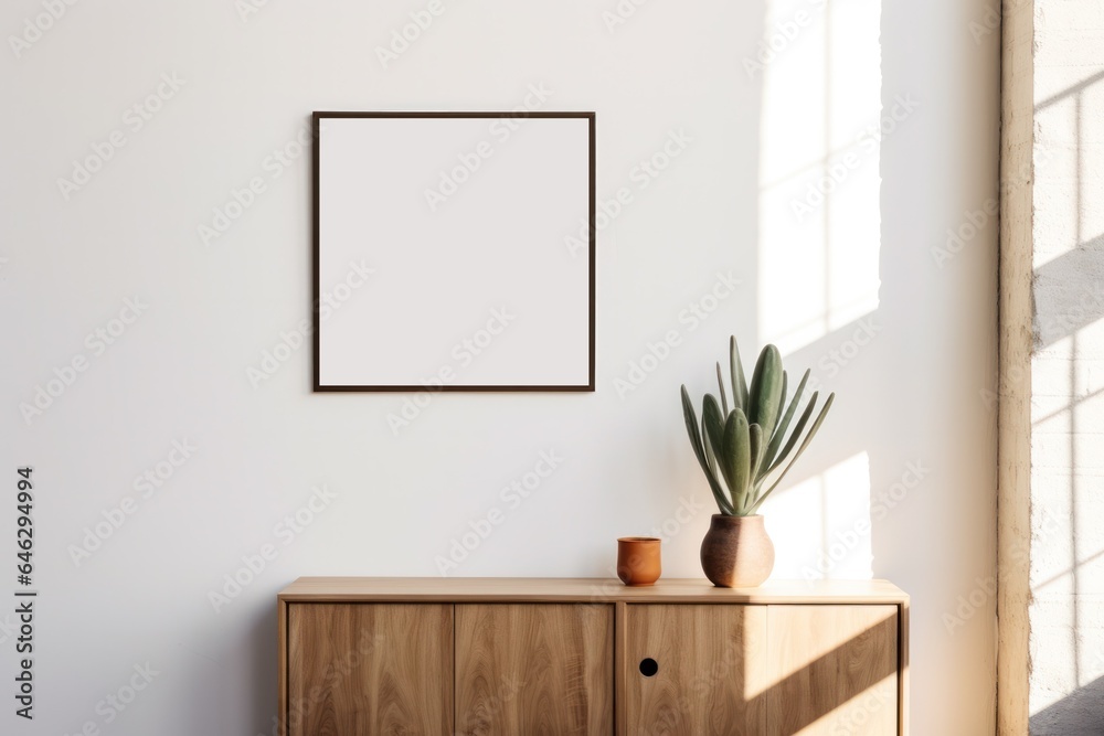 blank poster frame mockup on white wall living room with wooden sideboard with small green plant