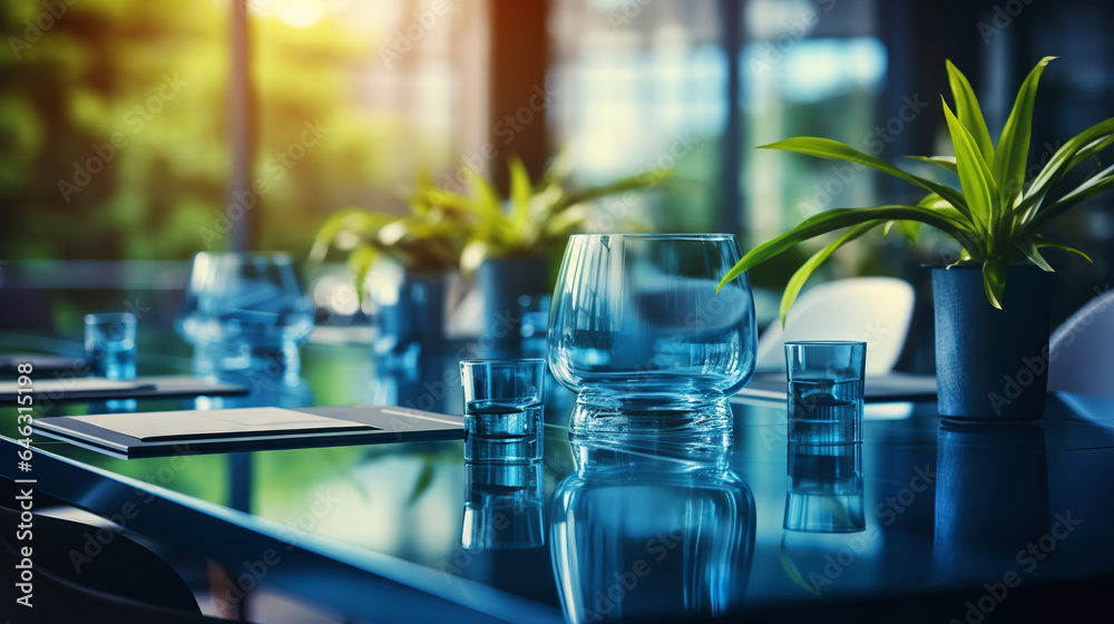 Modern minimalist corporate conference room with glass table in blue shades. Generative AI