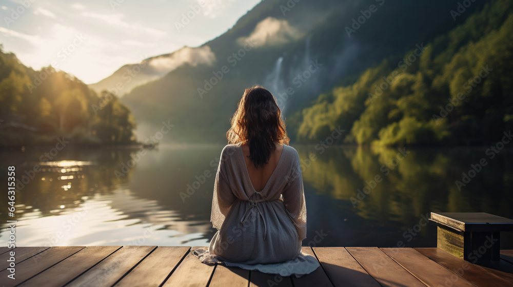 Young girl practice yoga on wooden pier with a view on lake and beautiful landscape. Generative AI