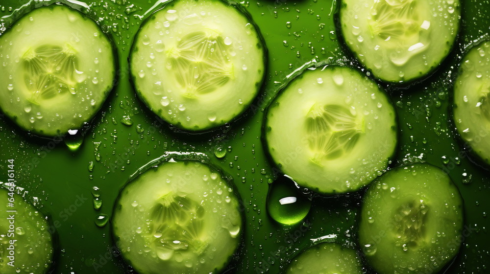 Fresh green cucumber slices with water drops background. Vegetables backdrop. Generative AI