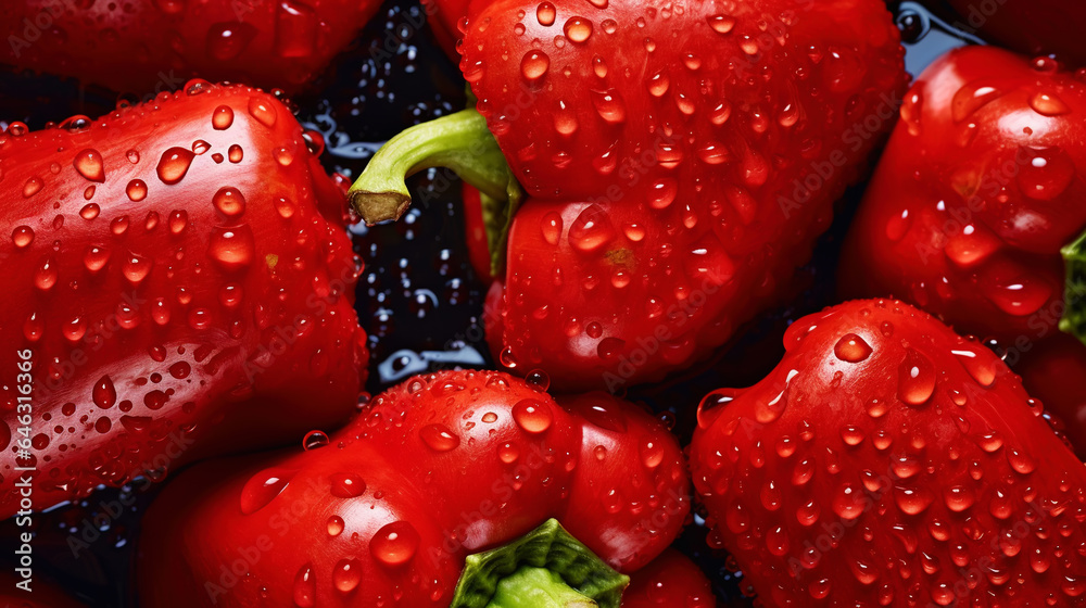 Fresh red bell peppers with water drops background. Vegetables backdrop. Generative AI