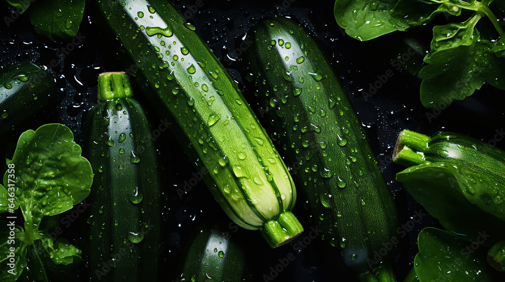 Freshgreen zucchini or courgettes with water drops background. Vegetables backdrop. Generative AI