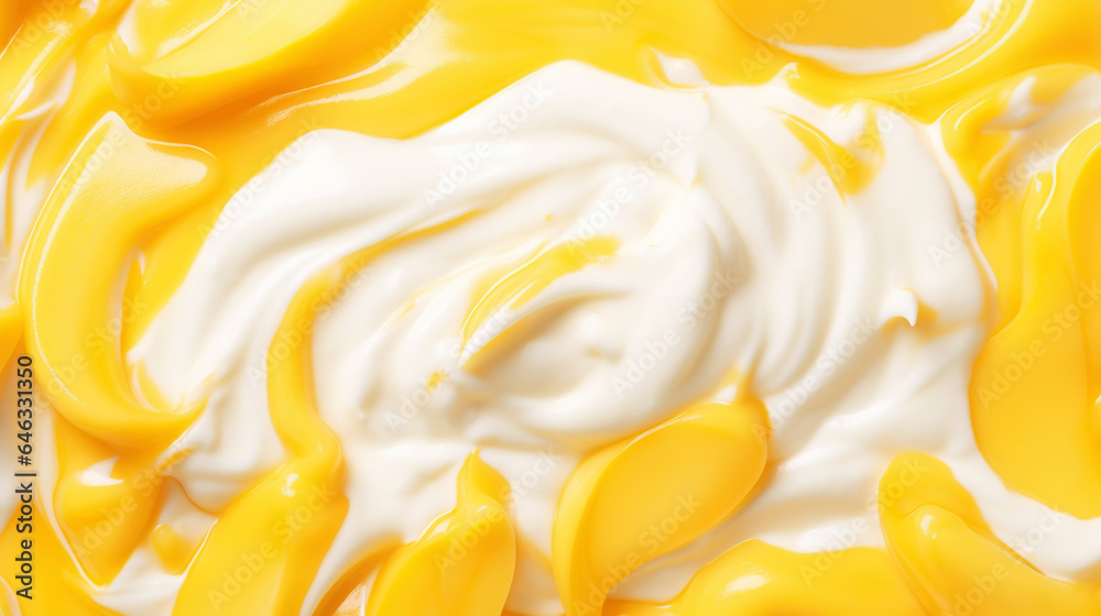 Yogurt and fresh mango pieces, background. Top view. Generative AI