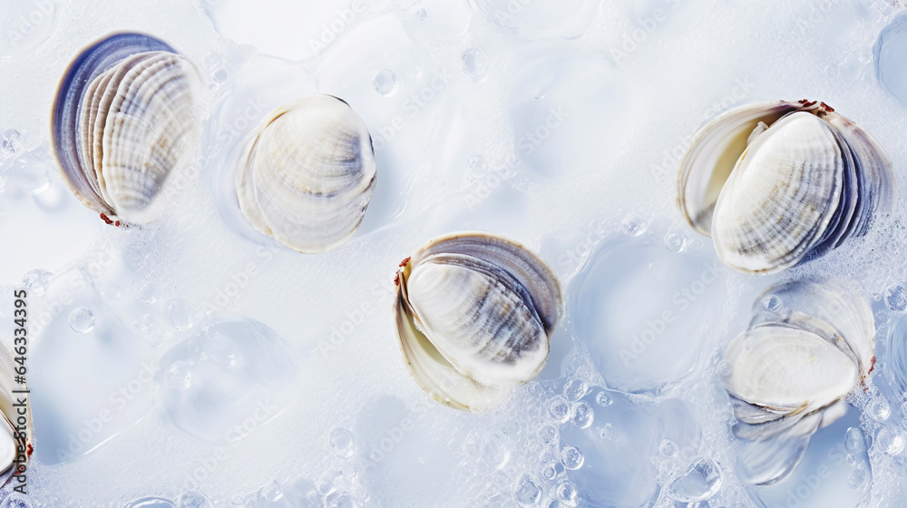 Top view on fresh clams in ice cubes. Sea food background. Generative AI