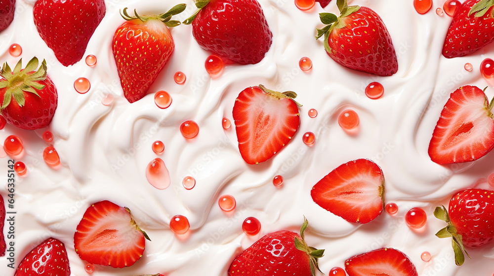 Yogurt and fresh strawberries, background. Top view. Generative AI