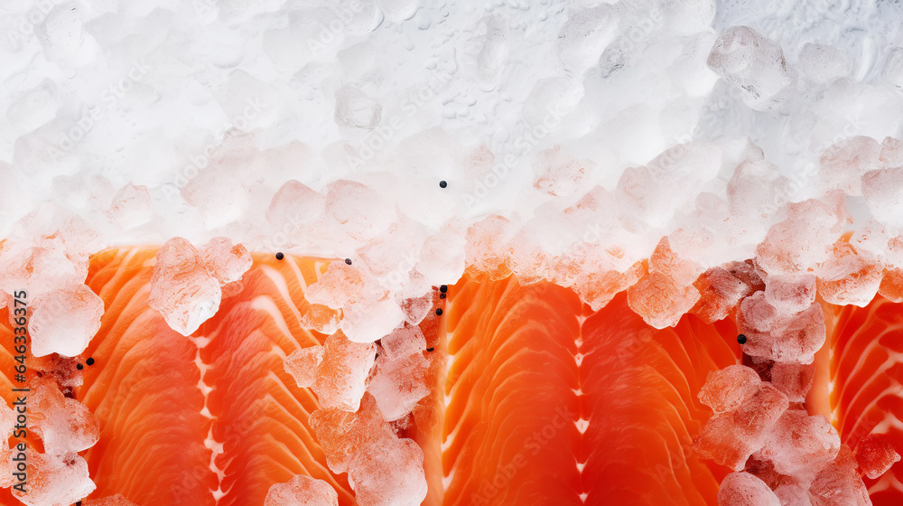 Fresh salmon fillet on ice. Red tasty fish meat. Seafood background. Generative AI