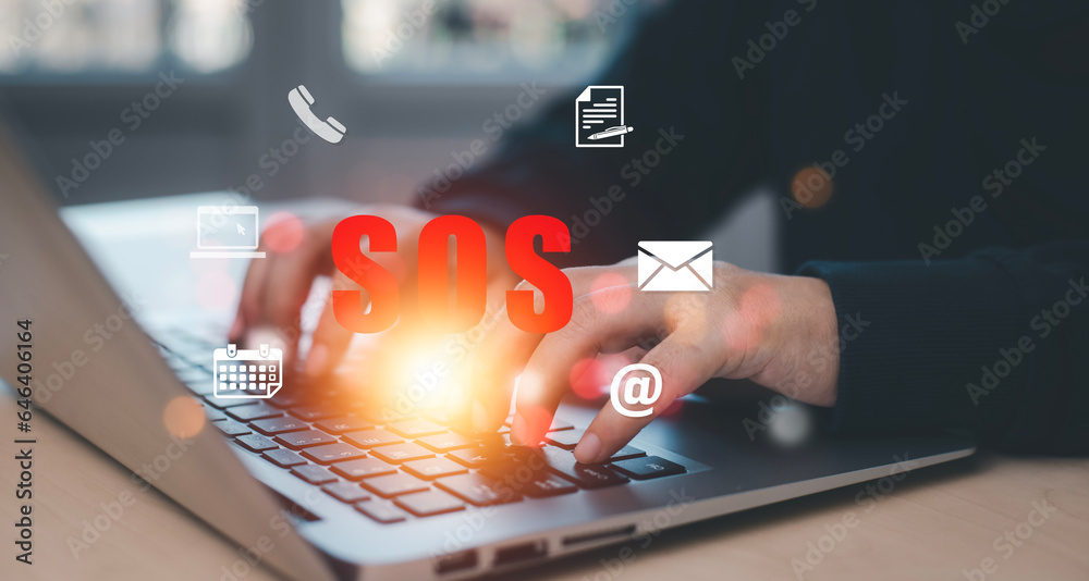 SOS with Emergency app concept, Business people using a laptop and touch bar Emergency app at home, 