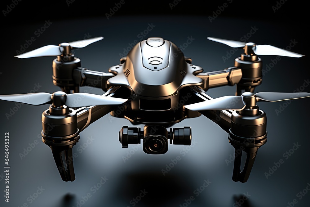 Drone with black metal structure on black background.