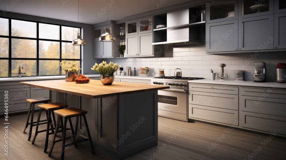 Modern kitchen with white cabinets and stainless steel appliances at home.