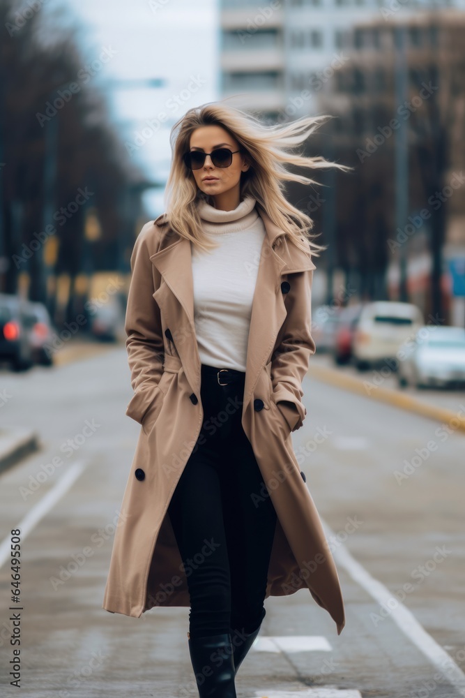 A young beautiful woman in a beige coat crosses the road on the city street.