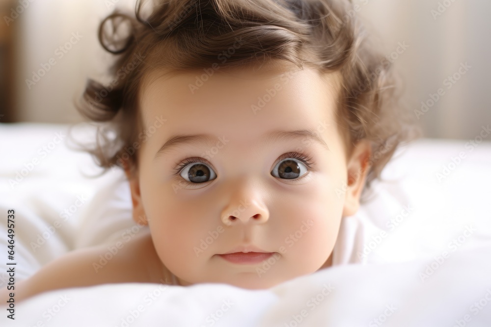 Beautiful baby girl looking at camera on a light beige blanket at home.