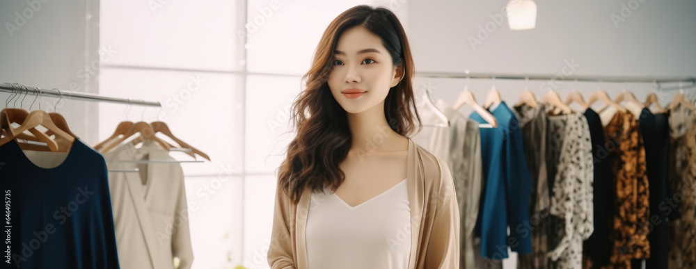 Portrait of Young Asian woman, Fashion designer tailor standing in garment workshop, Seamstress.