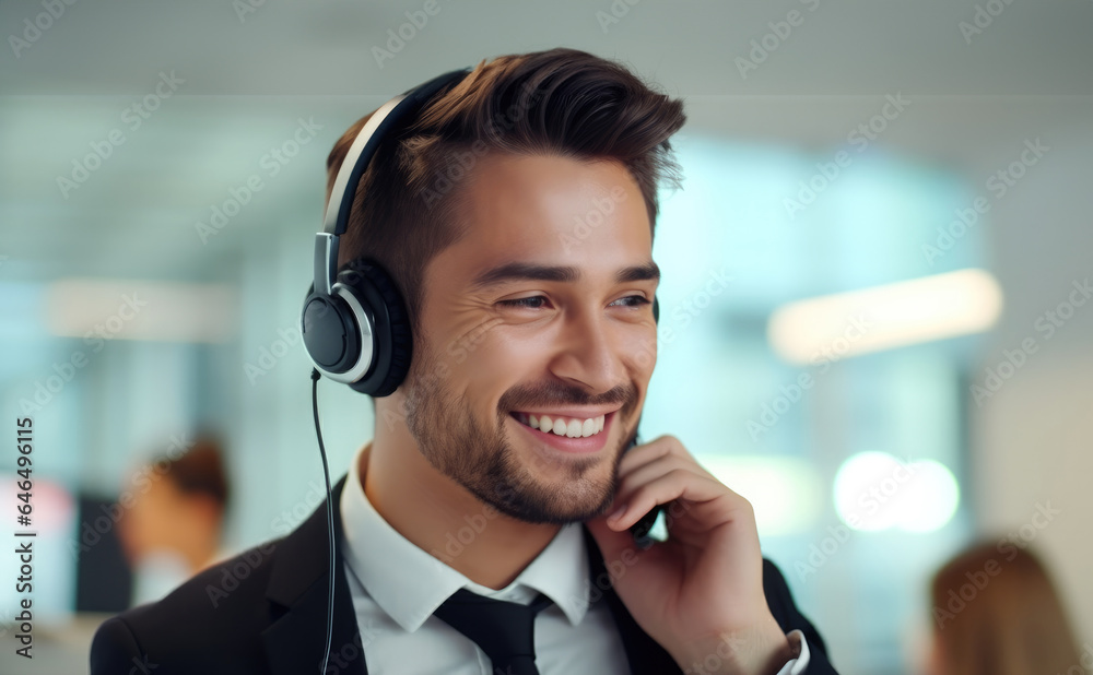 Call center young man agent consulting a buyer via video call in an office.