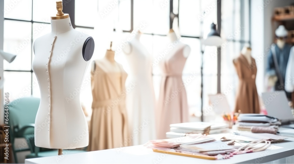 Studio with various sewing items, Fabrics and mannequins standing, Designer.