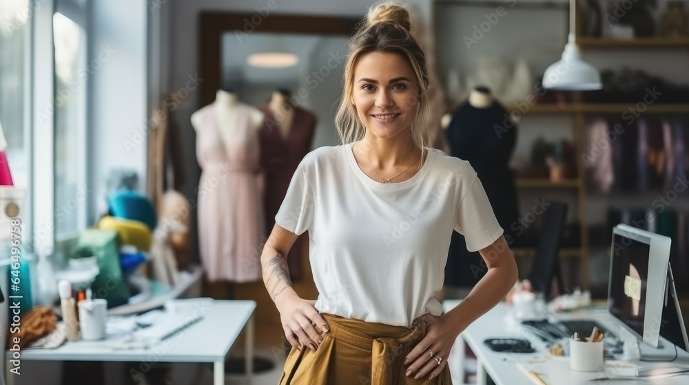 Beautiful female design professional working at workbench in studio.