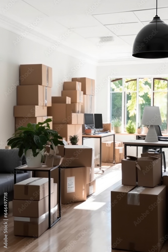 Office filled with cardboard boxes, Moving day.