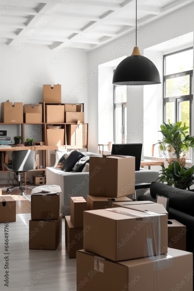 Office filled with cardboard boxes, Moving day.