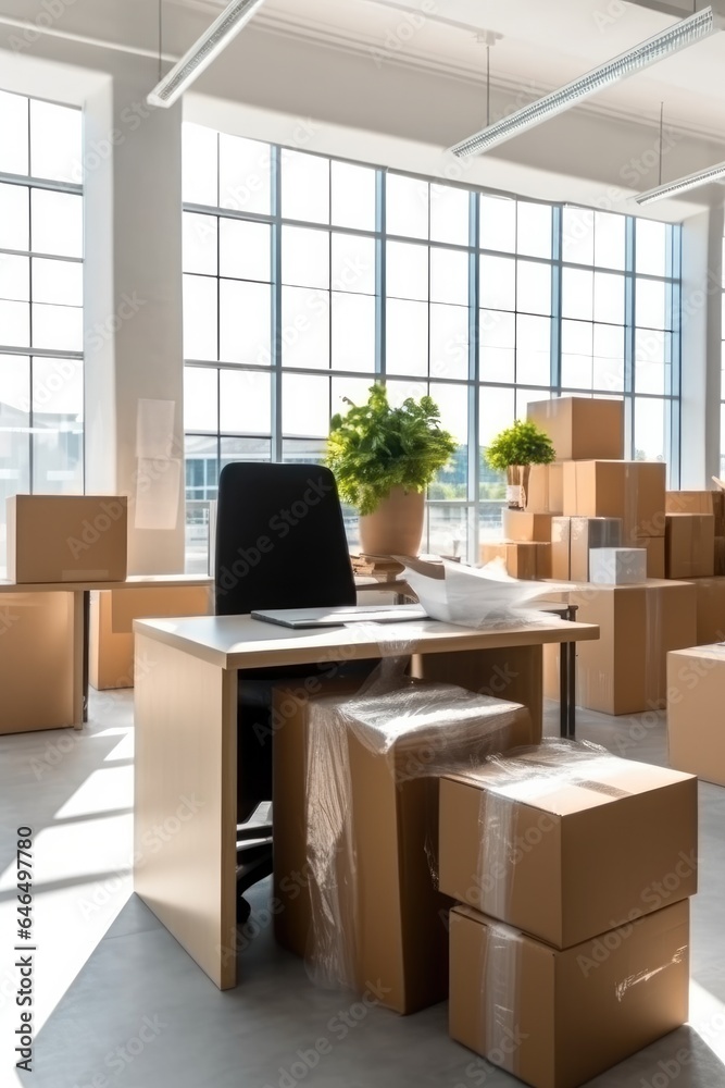 Office filled with cardboard boxes, Moving day.