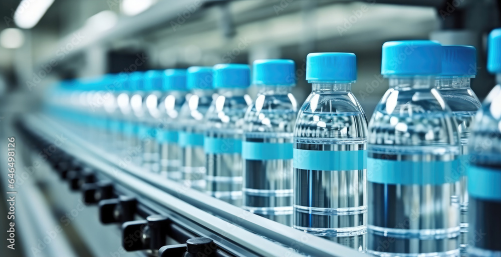 Line of bottling beverages in plastic bottles at clean factory.