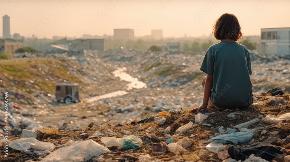 Rear view, Sad children sitting looking at a lot of plastic wastes, Environmental pollution.