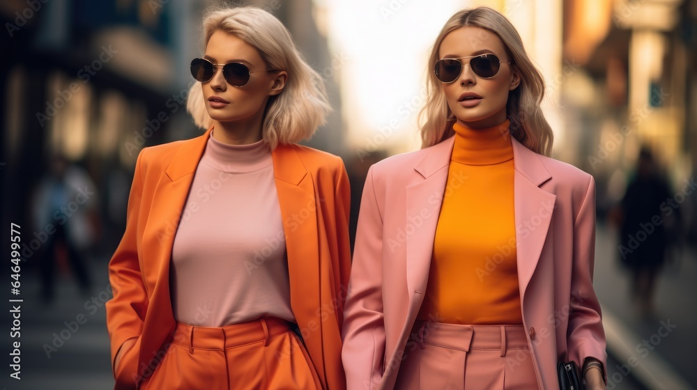 Two women with colorful outfit are walking in the city street.