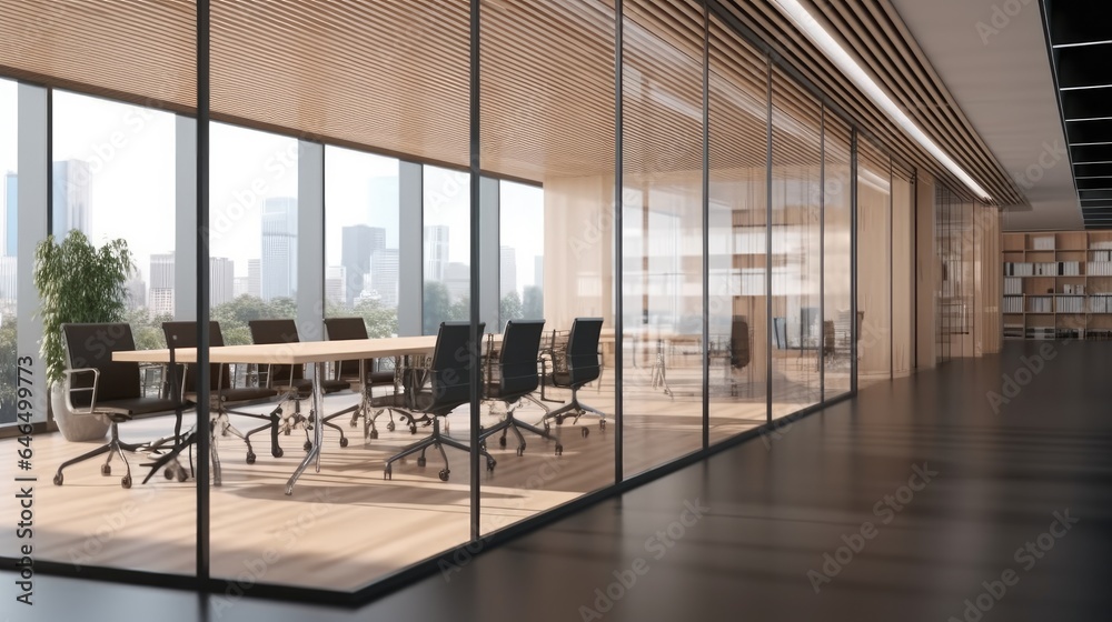 Modern office room, Office hall corner with meeting room.