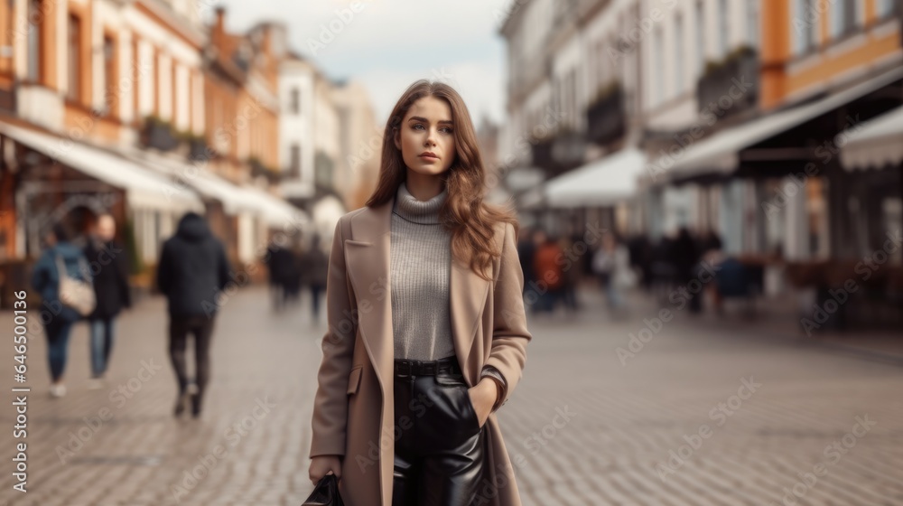 Beautiful woman in a fashionable coat and a leather skirt with a black stylish handbag walks along t