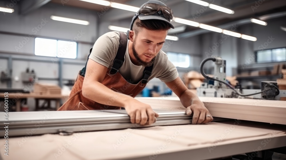 Carpenter operating machine for wood processing at a furniture factory.