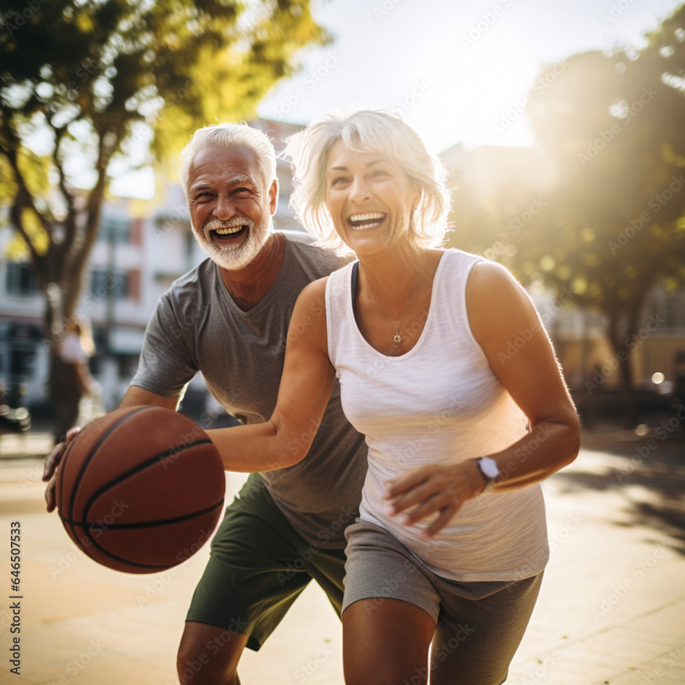 Active sporty middle aged couple playing basketball outdoors, happy man and woman jogging together o