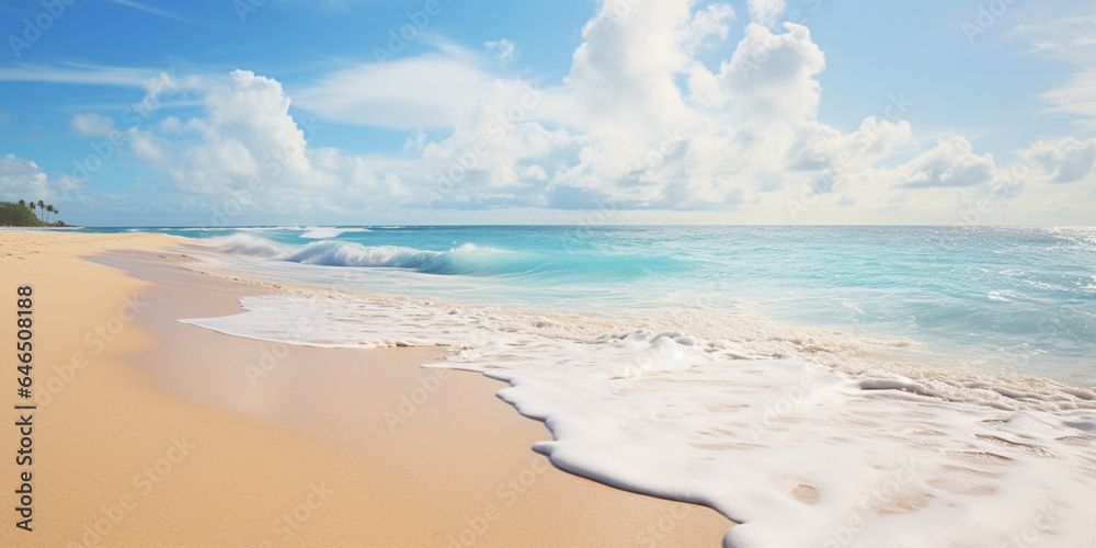 Tropical beach panorama view, coastline with palms, Caribbean sea in sunny day, summer time, Tropica